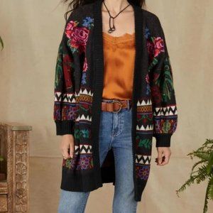 Farm Rio Black Flowers Tapestry Cardigan